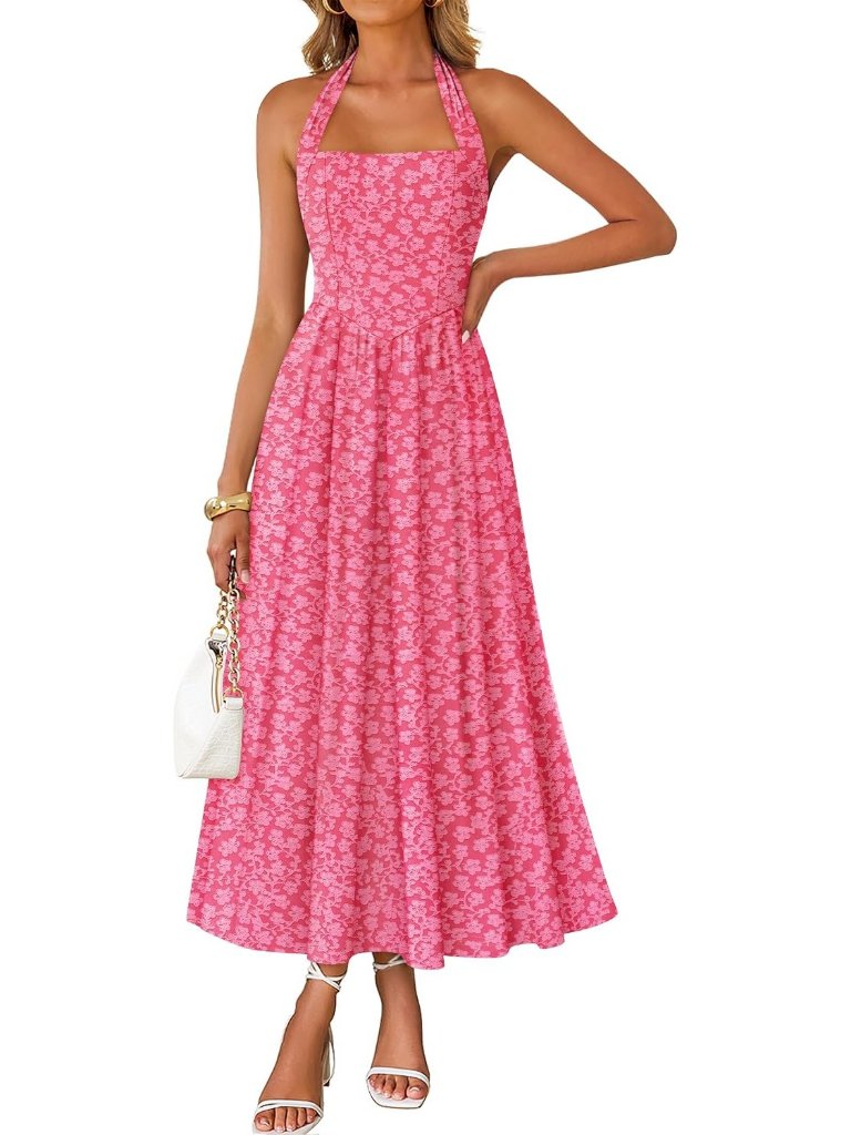 Women's Hot Pink Floral Halter Maxi Sleeveless Flowy A-Line Formal Dress